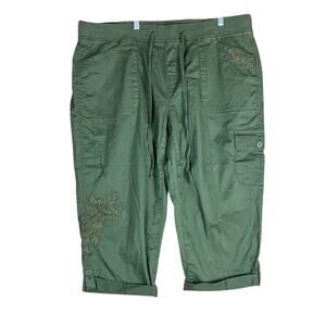 Terra & Sky Womens Pants Dark Green Crop Capri Cargo Embroidered Stretch 1X